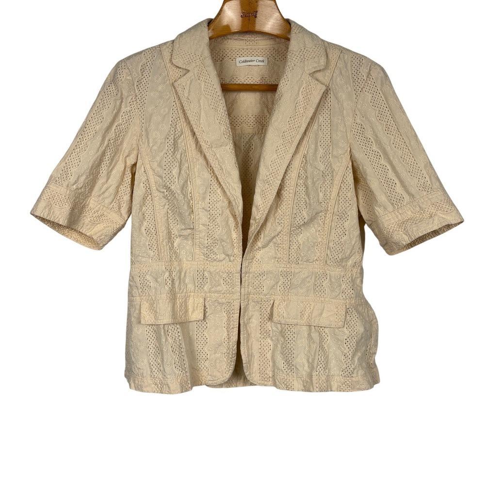 Coldwater Creek Ivory Eyelet Embroidered Cotton Blazer Jacket Hook Front Sz M - Picture 1 of 14